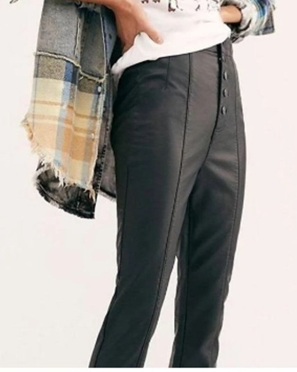 Womens Free People Vegan Leather High Rise Button Fly Pants Black Sz 4